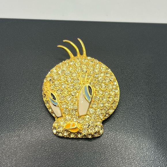 Warner Bros Tweety Bird Head Face Brooch Pin Rhinestones Gold Tone yellow - Picture 2 of 12